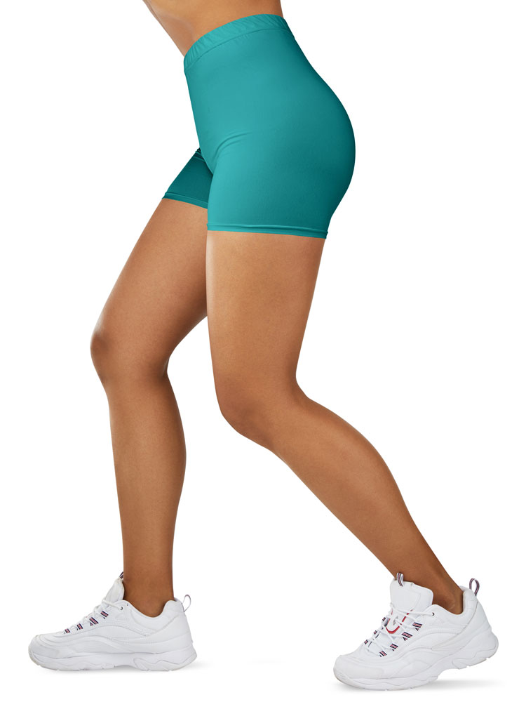 Aqua green yoga short photoshoot on a white background