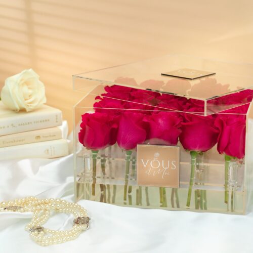 Creative lifestyle photography box of red roses