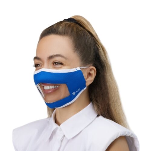Window face mask in a female model with white background on a side angle