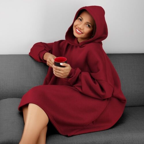 Oversized red hoodie photoshoot on a model with lifestyle