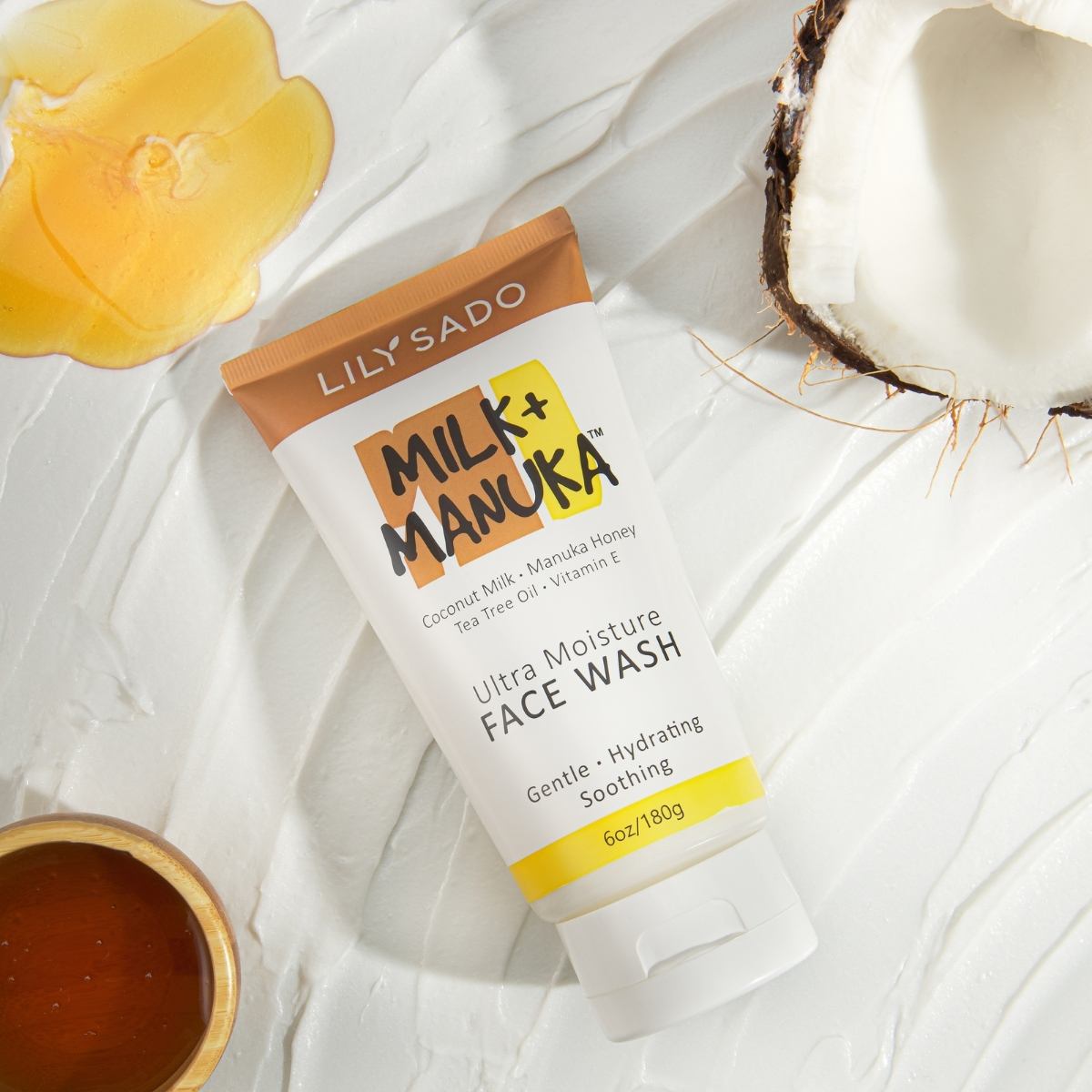 face wash beauty product shot on swatch coconut honey