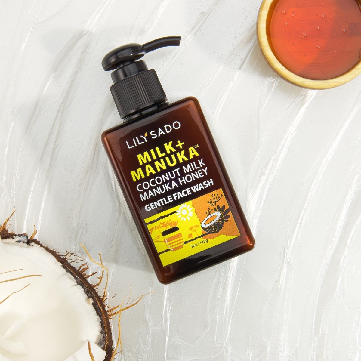 face wash beauty product shot on swatch with coconut and honey
