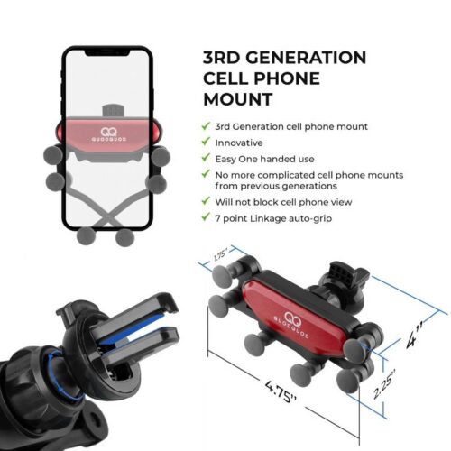 Explanation graphic of a cell phone mount product photography on a white background