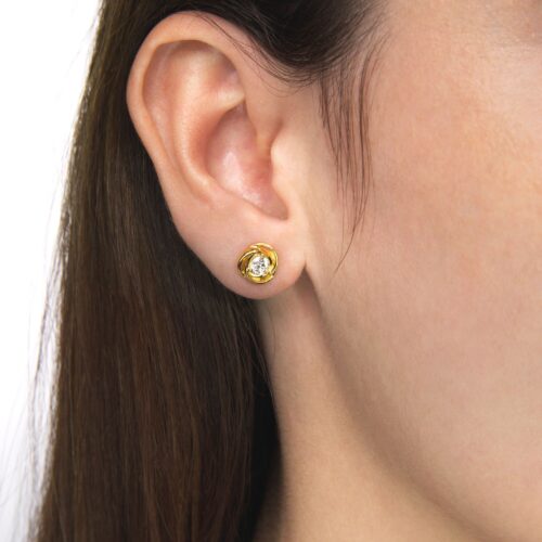 Close up shot of a gold earring on a model on a white background for amazon