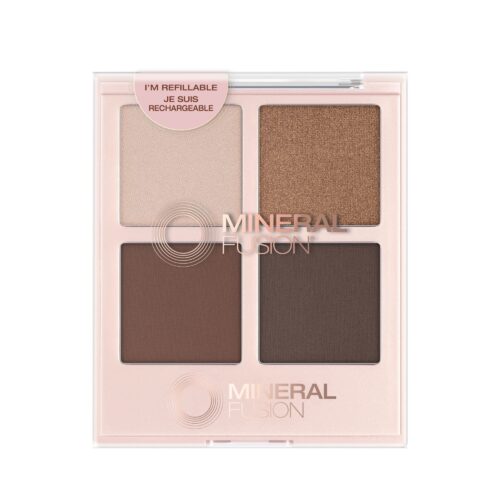 Cosmetics hero shot of eyeshadow palette with four different shades of color placed on a white background.