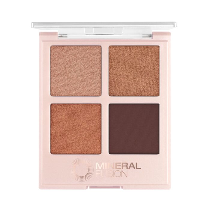 Cosmetics shot of a square eyeshadow palette having four different shades of colors with open lid placed on a white background.