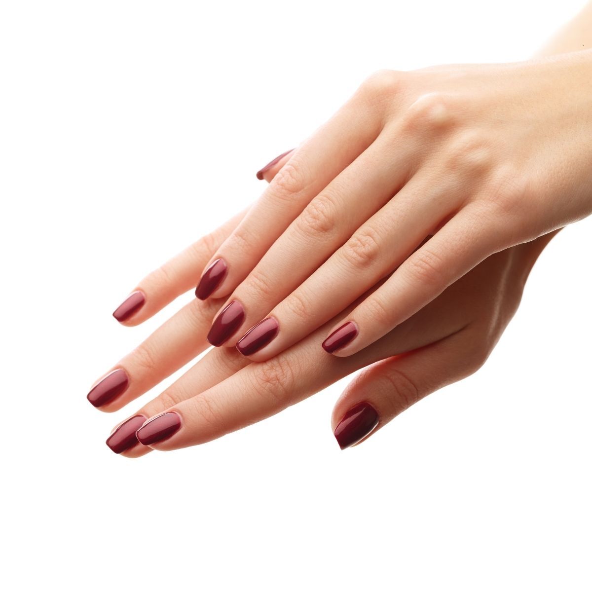 Model showing her hands with nail paint to showcase the nail paint color on a white background