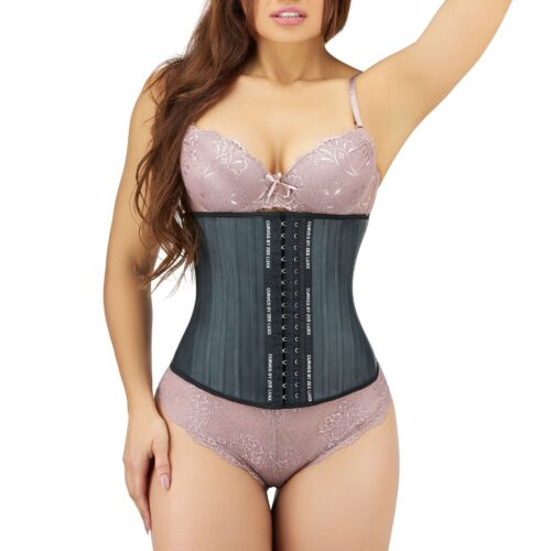 Product photography black waist trainer on a model with a white background