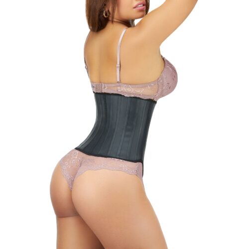 Product photography black waist trainer on a model with a white background