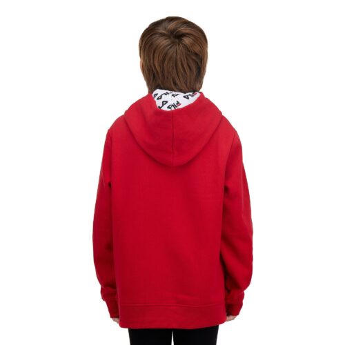 Kids hoodie apparel photoshoot with model on white background back side angle