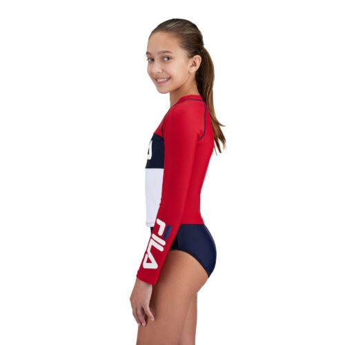 Kids swimsuit apparel photoshoot with model and side angle on a white background