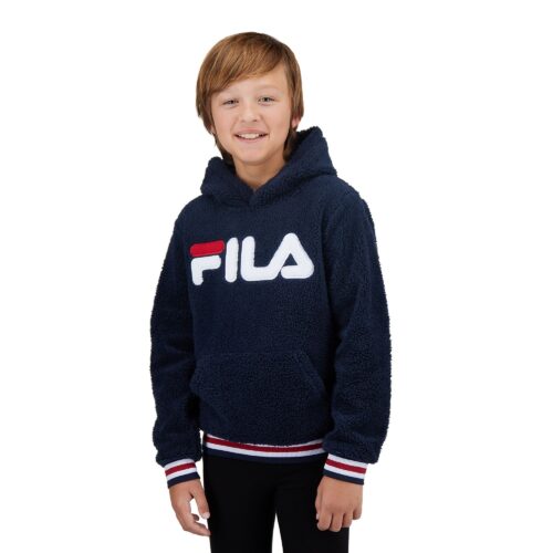 Navy blue kids hoodie apparel photoshoot with model on white background
