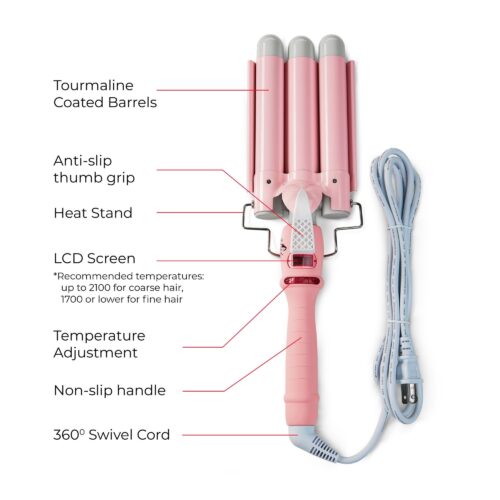 Infographic shot of a pink curling iron on a white background