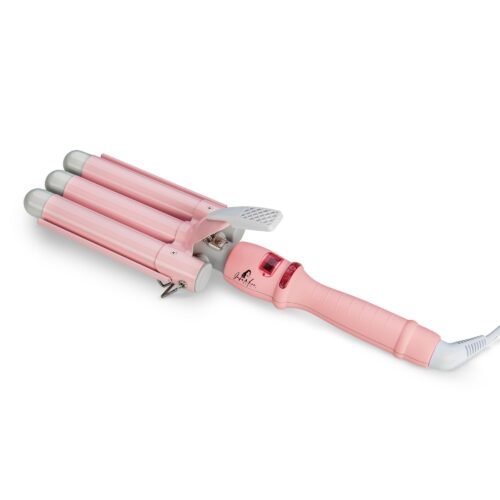 Product photography of a pink curling iron on a white background