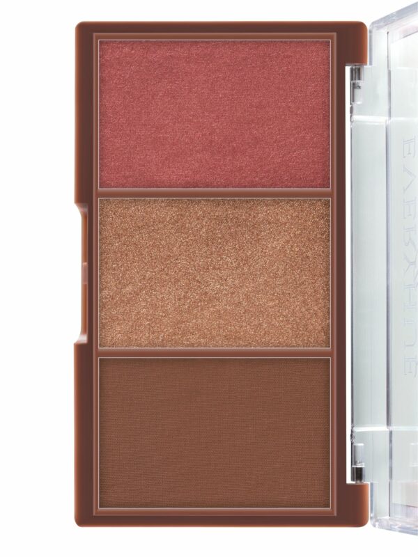 Cosmetics hero shot of eyeshadow pallete with open lid having three different shades of colors on a white background.