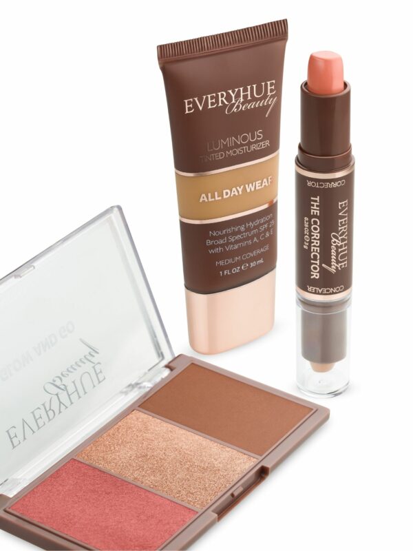 Cosmetics pack shot of multiple cosmetic products on a white background.