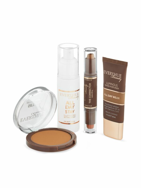 Cosmetics pack shot of multiple cosmetic products on a white background.
