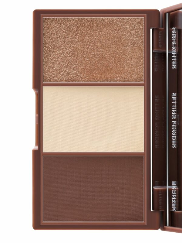 Hero shot of an eyeshadow pallete with three different colors on a white background.