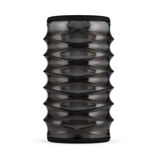 Front hero shot of shiny black iHome speakers on a white background.
