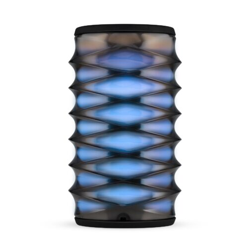 Hero shot of iHome speakers with black casing and blue light on a white background.
