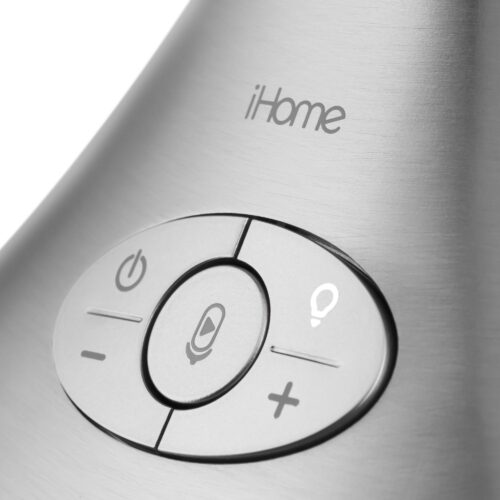 Close up shot of a glossy iHome rechargeable vanity mirror showing all controls