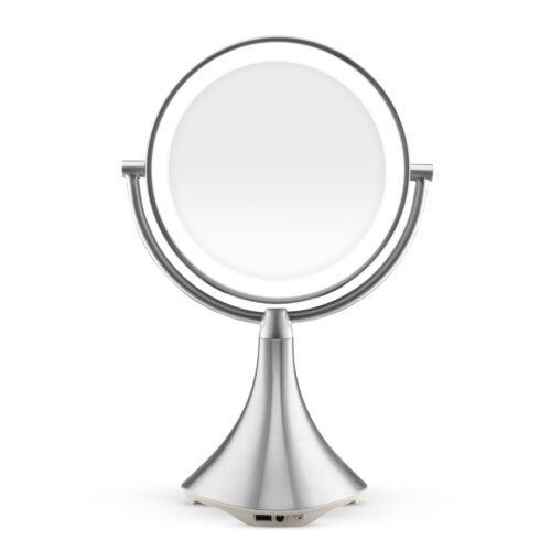 Front hero shot of a shiny rechargeable vanity mirror on a white background.