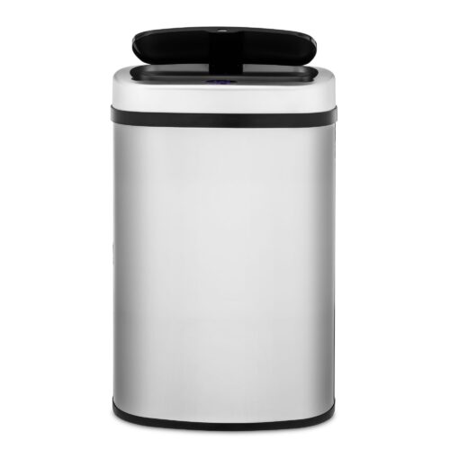 Product photography of a reflective electric bin with half lid open on a white background.