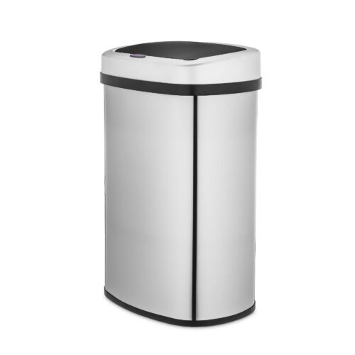 Side shot of a highly reflective electric bin with black lid on a white background