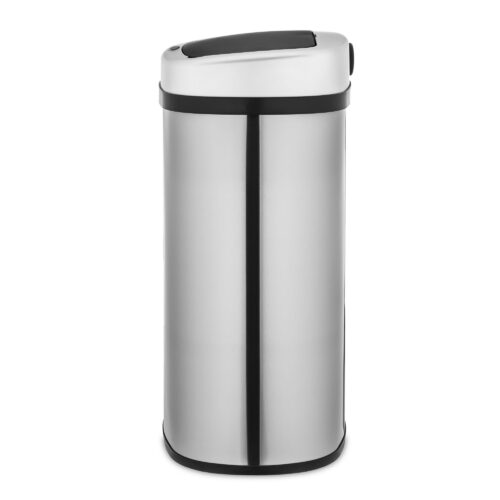 Side shot of a highly reflective electric bin on a white background.