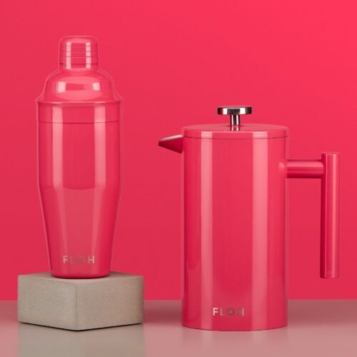 Pink color cocktail shaker and teapot product photoshoot on a pink background by Isa Aydin NJ NY LA