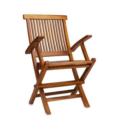 Side shot of a foldable wooden chair on a white background.