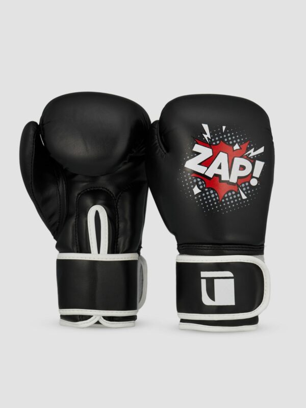Product photography of a black and white leather boxing glove with white background