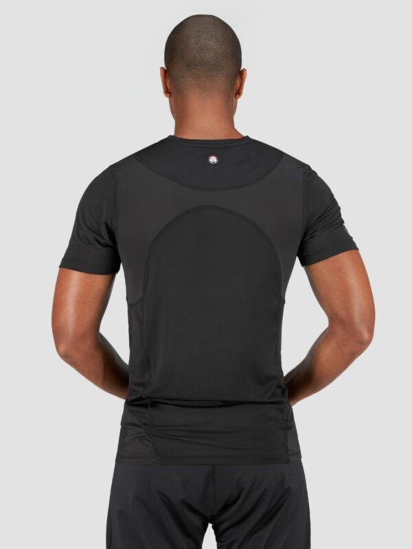 Back shot of a black male model wearing sports suit in black