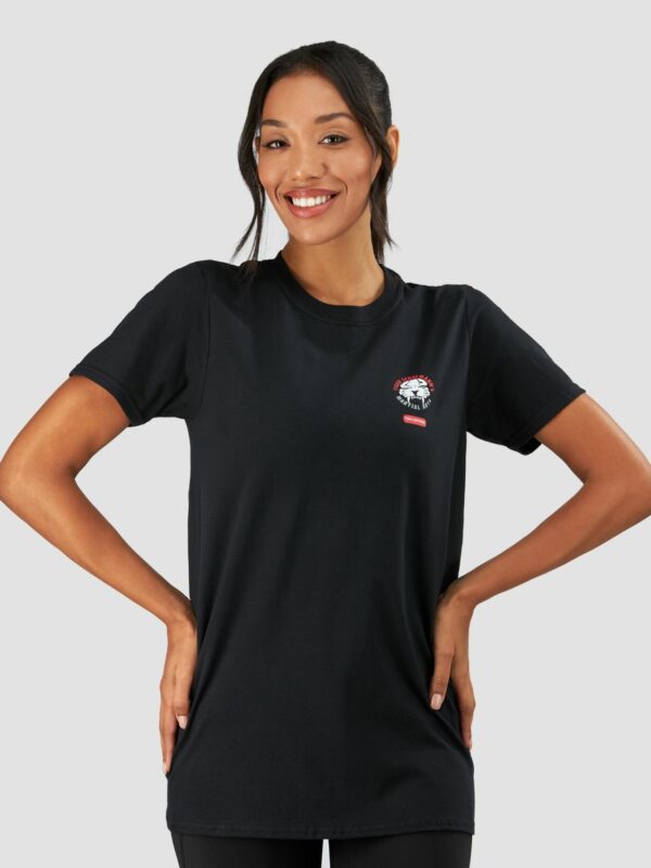 Clothing product shot of female black model wearing sports suit in black and white