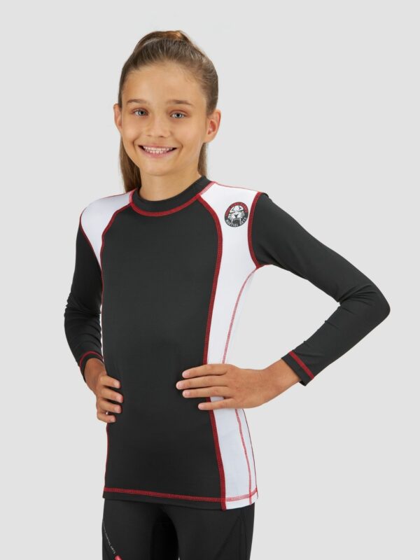 Apparel photography of female child model wearing gym sports suit in black and white color.