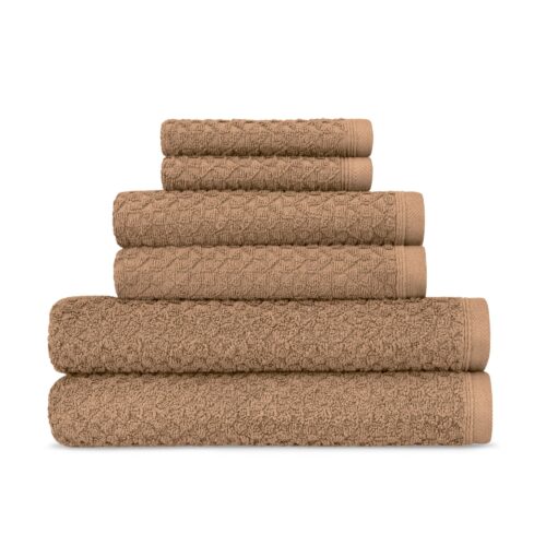 Hero shot of a stack of brown colored towels on a white background.