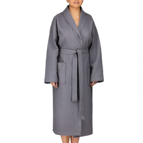 Clothing photoshoot front shot of a female model wearing a gray colored bath robe on a white background