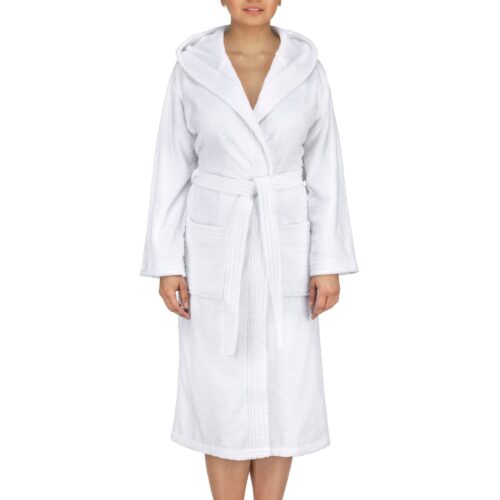 Clothing photography of a female model wearing a white colored bath robe.