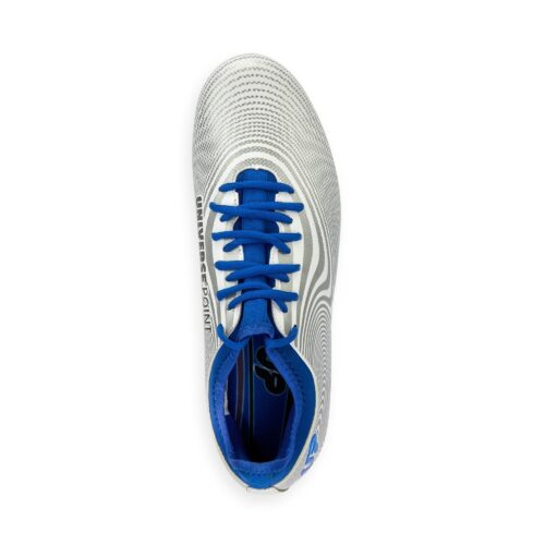 Shoe photography of white cleats with blue laces and inner on a white background.