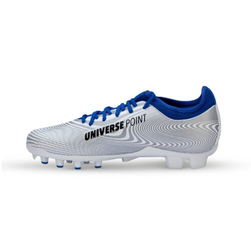 Shoe photography of white and blue cleats by Universe Point on a white background.