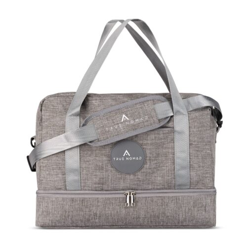 Front side hero shot of a lucid grey colored travel bag with multiple handles shot on a white background by Isa Aydin nj ny la