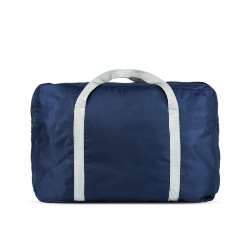 Blue colored travelling bag with gray strips and handle shot on a white background