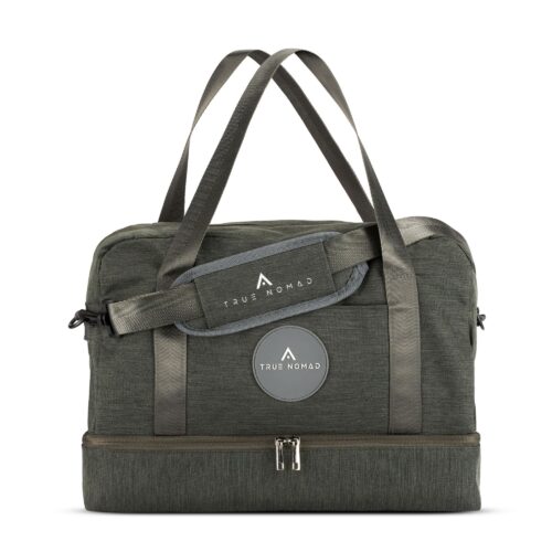 Front side hero shot of a voyager colored travel bag with multiple handles for easy carriage.