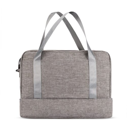 Hero shot of a lucid grey colored travel bag with light grey colored strips and handle shot on a white background.