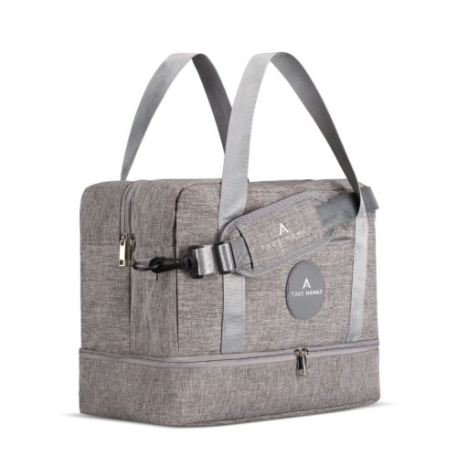 Side angle shot of a travel bag in lucid grey color with multiple handles shot on a white background by Isa Aydin nj ny la