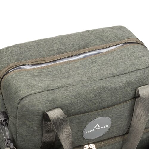 Closeup shot of a voyager grey colored travel bag with opened zip on a white background by Isa Aydin nj ny la