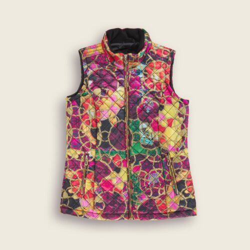 Lay flat apparel photography of a sleeveless jacket with abstract art