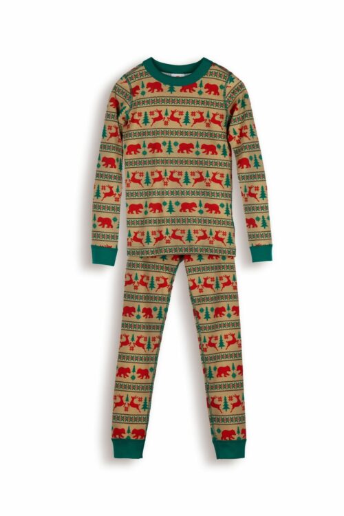 Lay flat apparel photography of animals printed pajamas in brown and green color on a white background by Isa Aydin nj ny la