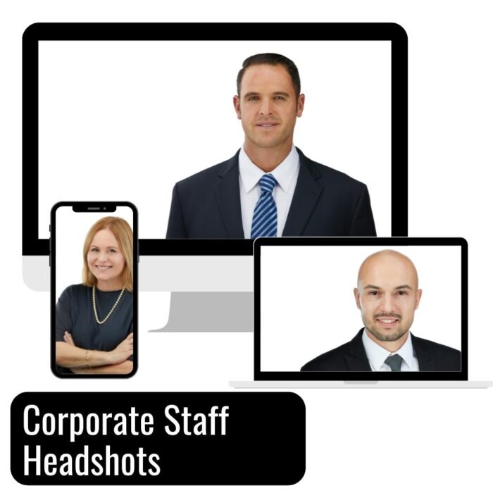 Corporate staff headshot of a bald white male on a white background by headshot photographer Isa Aydin.