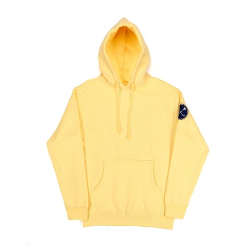 Yellow color hoodie clothing photoshoot on a white background with front of angle
